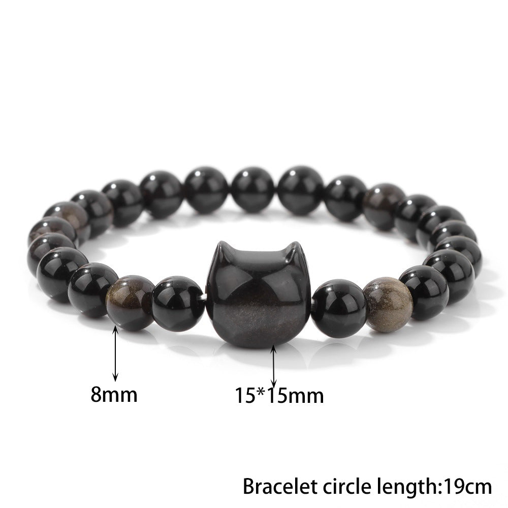 Black Cat Obsidian Bracelet – Silver Sheen Beads with Cute Feline Charm | Zen Ara Grove