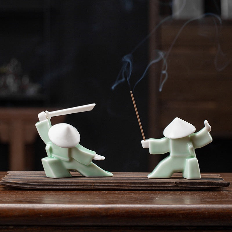 Kung Fu Zen Ceramic Incense Holder – Martial Artist Duel Figurine | Zen Ara Grove