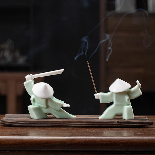 Kung Fu Zen Ceramic Incense Holder – Martial Artist Duel Figurine | Zen Ara Grove