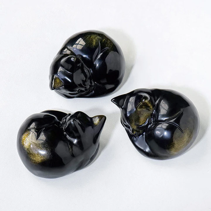 Natural Gold Sheen Obsidian Sleeping Cat Statue Home Decoration  | Zen Ara Grove