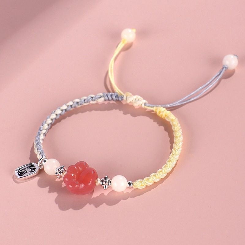 Yanyuan Agate Cat Claw Paw White Bodhi Seed Fu Character Positive Braided Rope Bracelet | Zen Ara Grove