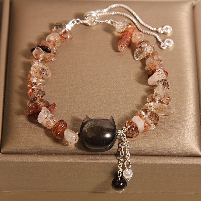Natural Pink Crystal Agate Gravel Stone Cat Head Soothing Bracelet | Zen Ara Grove