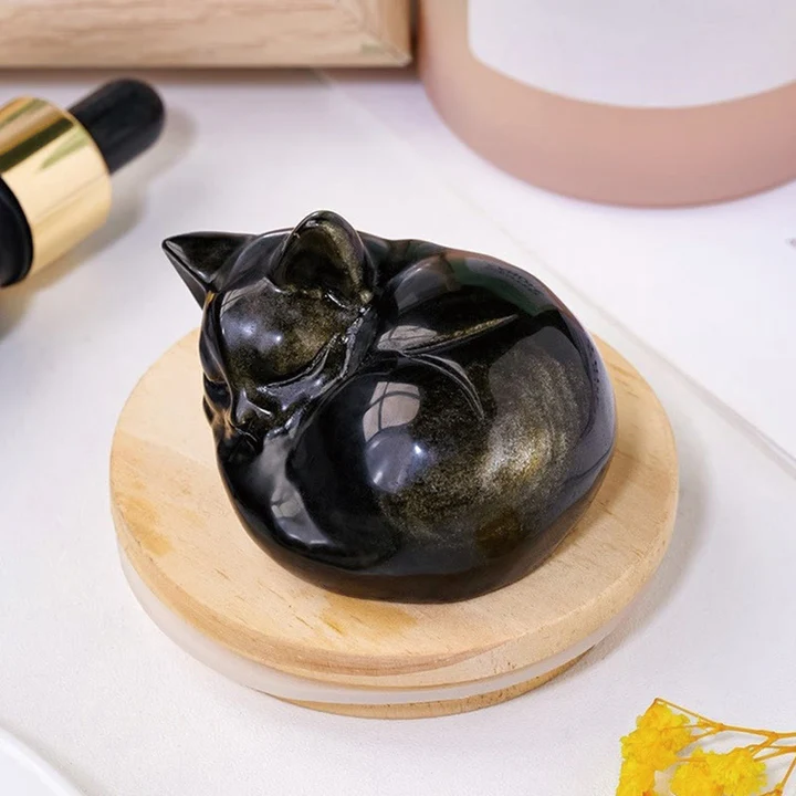 Natural Gold Sheen Obsidian Sleeping Cat Statue Home Decoration  | Zen Ara Grove