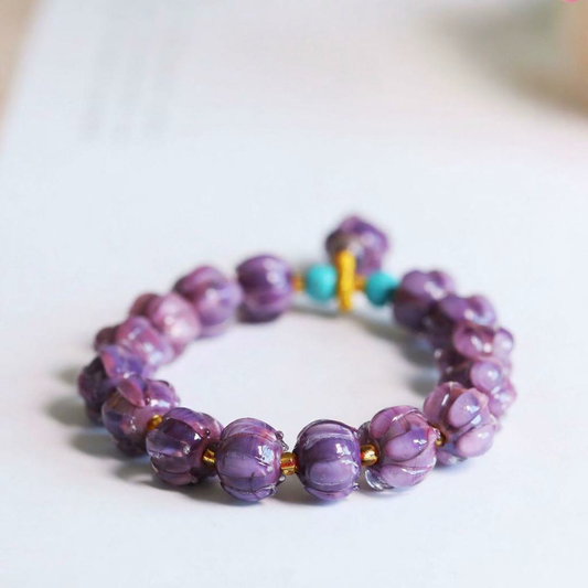 Purple Lotus Glass Bracelet with Awakening Lion Charm | Zen Ara Grove