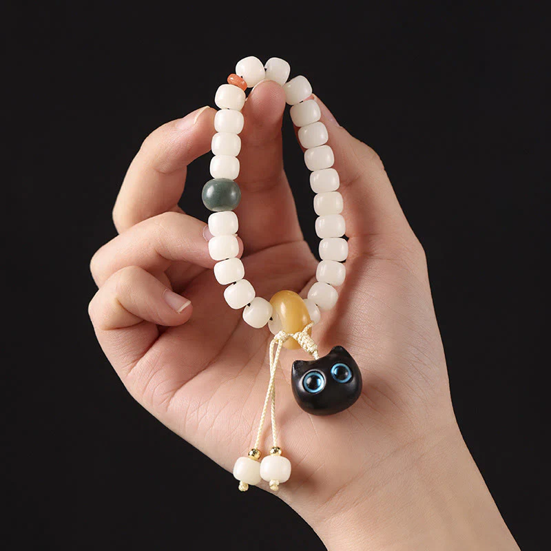 Natural Bodhi Seed African Blackwood Lovely Cat Charm Peace Harmony Bracelet | Zen Ara Grove