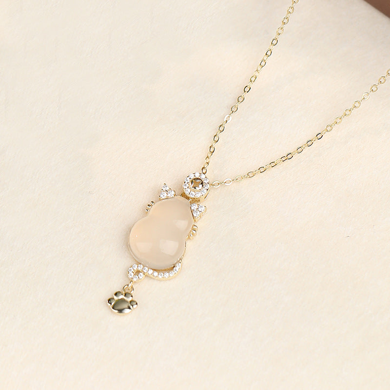 925 Sterling Silver 14k Gold White Jade Gourd Cat Protection Necklace Pendant | Zen Ara Grove