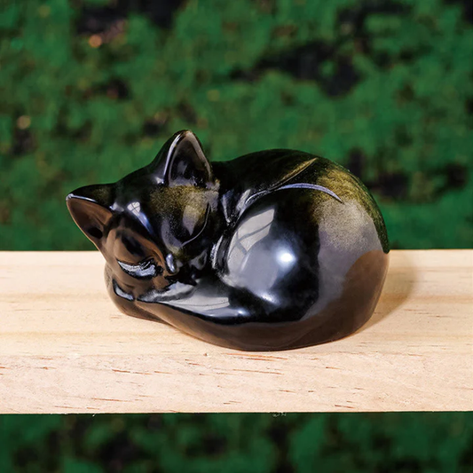 Natural Gold Sheen Obsidian Sleeping Cat Statue Home Decoration  | Zen Ara Grove