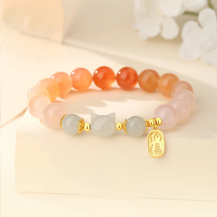 925 Sterling Silver Red Agate Hetian Jade Cat Fu Character Confidence Bracelet | Zen Ara Grove