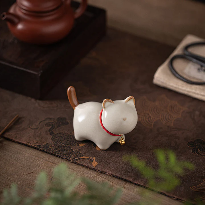 Mini Lucky Cute Standing Cat Red Rope Bell Ceramic Figurine Decoration | Zen Ara Grove