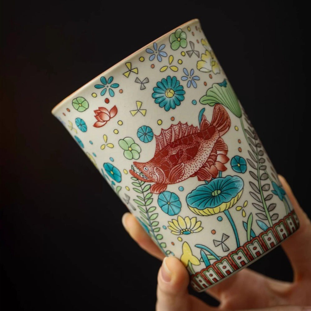 Vintage Fish & Algae Pattern Gongfu Teacup | Zen Ara Grove
