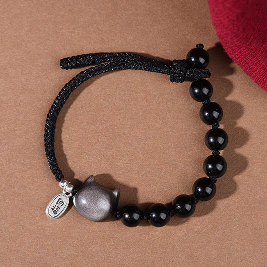 Black Obsidian Silver Sheen Obsidian Cute Cat Dancing Lion Strength Bracelet | Zen Ara Grove