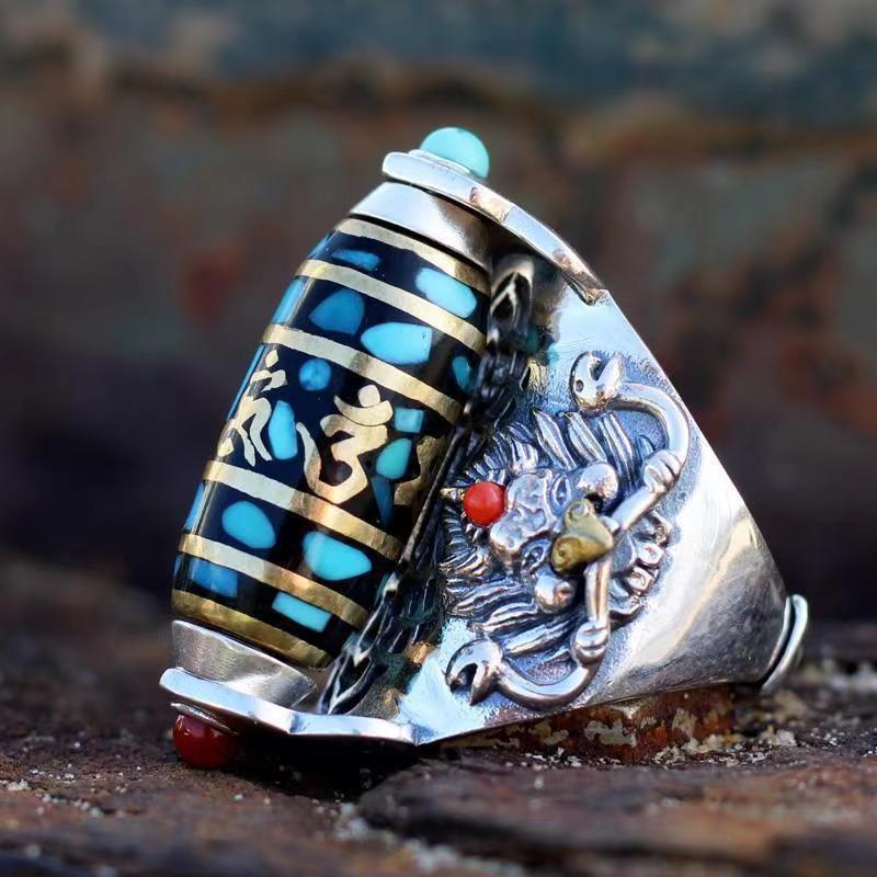 Spinning Mantra Ring - Rotating Prayer Bead with Turquoise & Guardian Beast