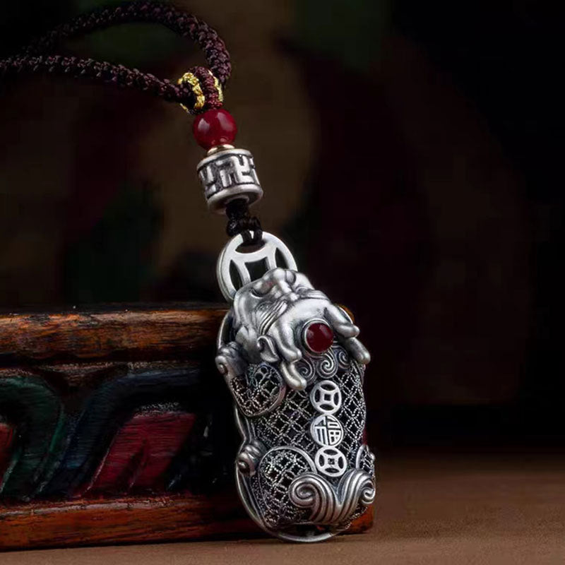 Pixiu Wealth-Attracting Keychain with Gem-Encrusted Silver