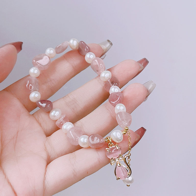 Natural Strawberry Quartz Pearl Cat Positive Bracelet | Zen Ara Grove