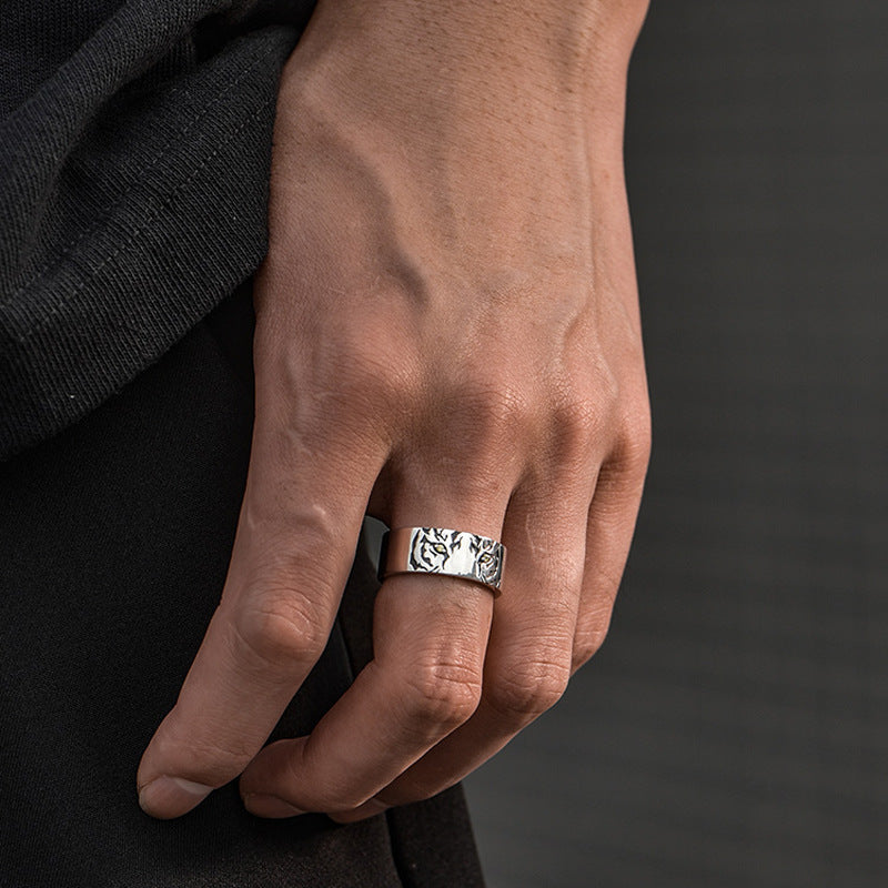 Fierce Gaze – Sterling Silver Tiger Ring with Diamond Eyes | Zen Ara Grove