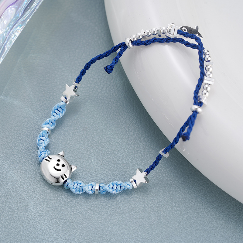 Playful Kitty Head with Fish Motif Woven Bracelet – Adjustable Cord Jewelry | Zen Ara Grove