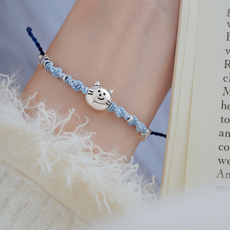 Playful Kitty Head with Fish Motif Woven Bracelet – Adjustable Cord Jewelry | Zen Ara Grove