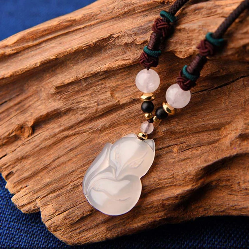 Adjustable Jade Cord Necklace – Carved Fox Pendant with Rose Quartz | Zen Ara Grove