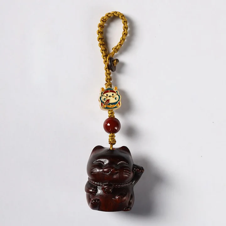 Small Leaf Red Sandalwood Green Sandalwood Sandalwood Lucky Cat Protection Key Chain Phone Hanging | Zen Ara Grove