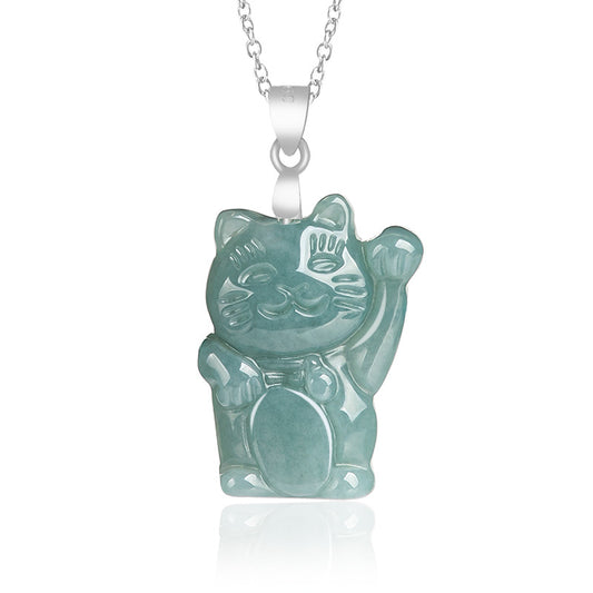 925 Sterling Silver Natural Jade Lucky Cat Abundance Necklace Pendant  | Zen Ara Grove