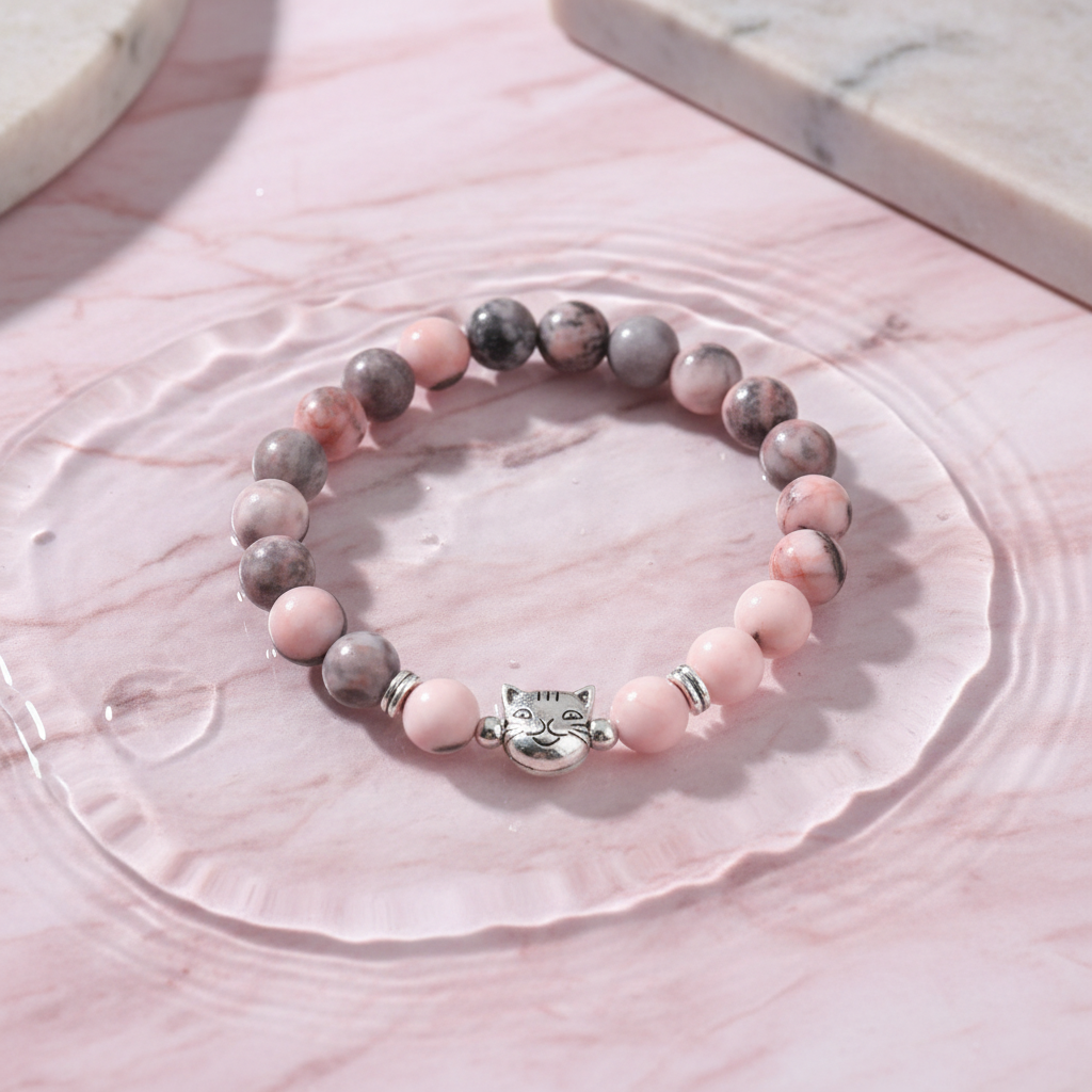 Gold Gradient Cat Pink Zebra Stone Protective Bracelet | Zen Ara Grove