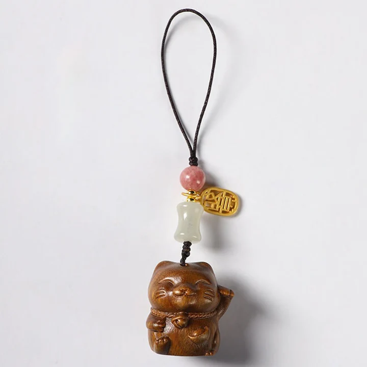 Small Leaf Red Sandalwood Green Sandalwood Sandalwood Lucky Cat Protection Key Chain Phone Hanging | Zen Ara Grove