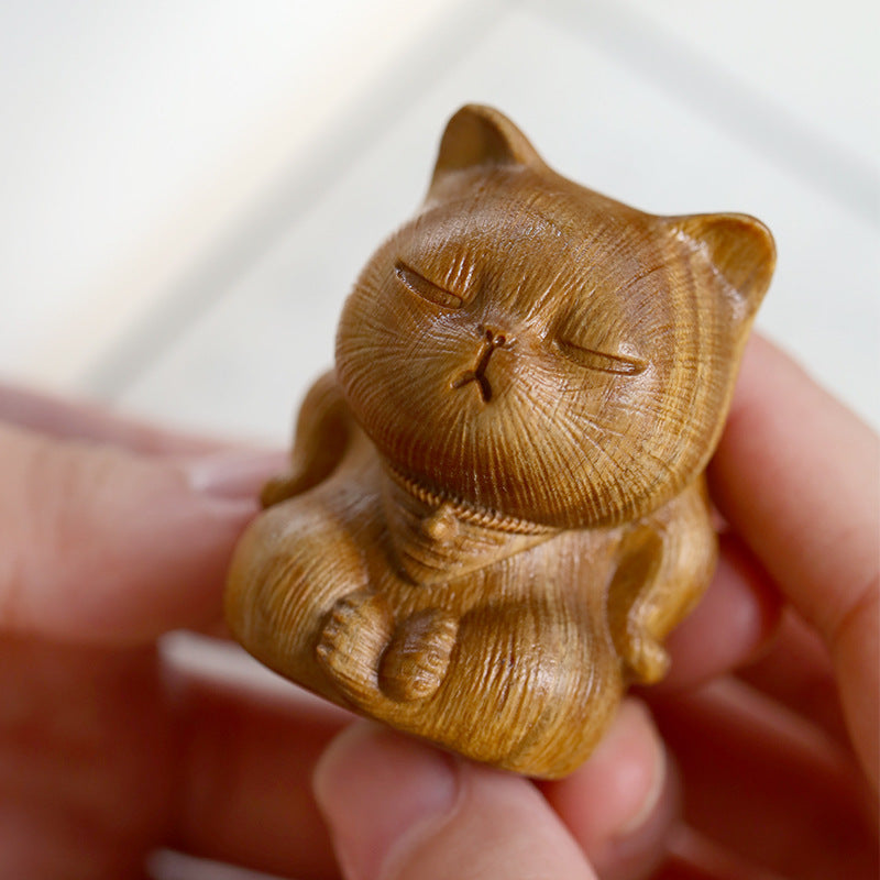 Small Mini Green Sandalwood Lucky Cat Carved Soothing Decorations | Zen Ara Grove