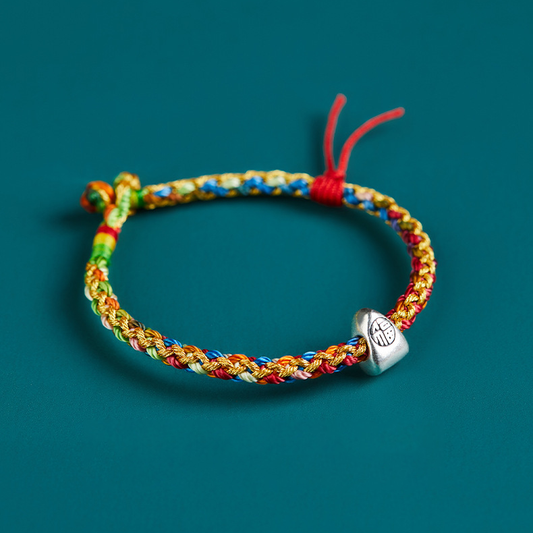 Handwoven Rainbow Cord|Adjustable Knot & Silver "Fu" Charm