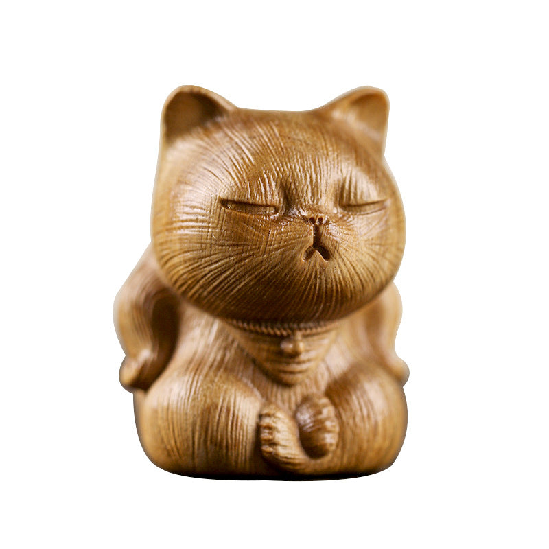 Small Mini Green Sandalwood Lucky Cat Carved Soothing Decorations | Zen Ara Grove