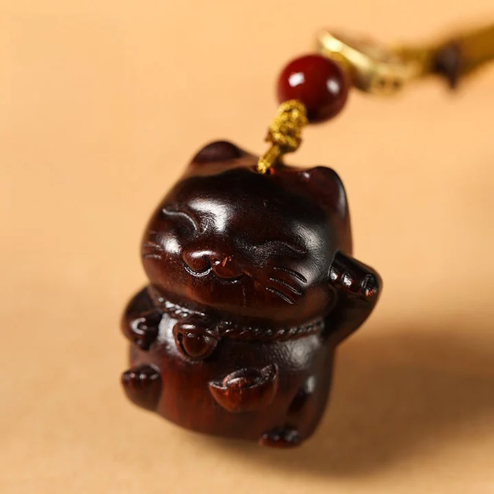 Small Leaf Red Sandalwood Green Sandalwood Sandalwood Lucky Cat Protection Key Chain Phone Hanging | Zen Ara Grove