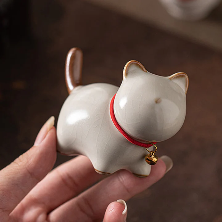 Mini Lucky Cute Standing Cat Red Rope Bell Ceramic Figurine Decoration | Zen Ara Grove