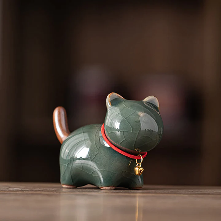 Mini Lucky Cute Standing Cat Red Rope Bell Ceramic Figurine Decoration | Zen Ara Grove
