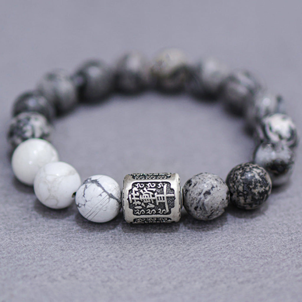 White Turquoise & Map Stone Bracelet with Taoist "Rain Gradual Ear"Beads – Symbol of Protection, Purification & Inner Harmony | Zen Ara Grove