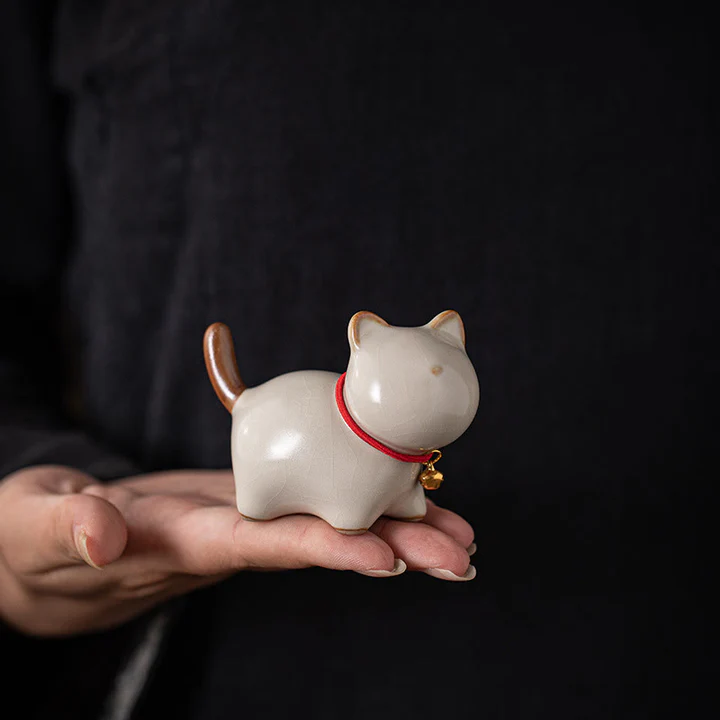 Mini Lucky Cute Standing Cat Red Rope Bell Ceramic Figurine Decoration | Zen Ara Grove