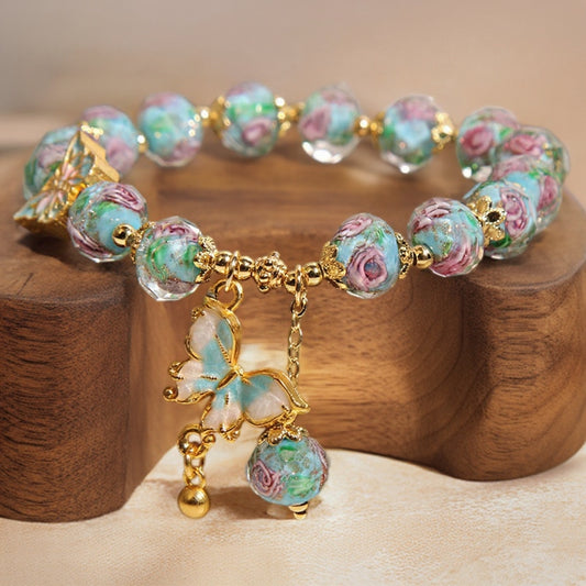 Blue Rose Garden Butterfly Pendant Glass Bracelet | Zen Ara Grove