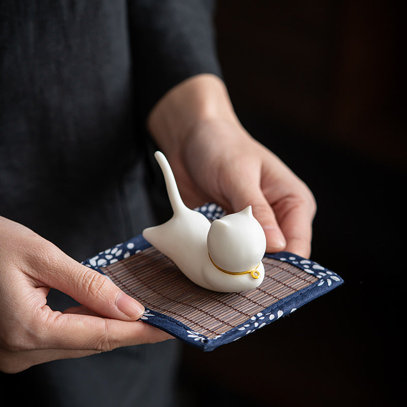 White Ceramic Cat Incense Burner Decor