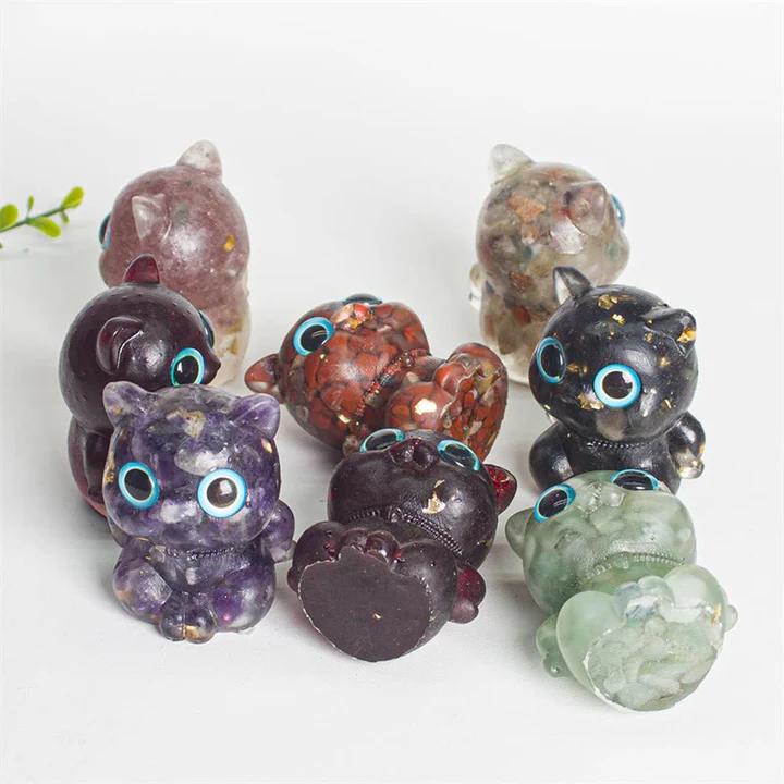 Cute Cat Lazurite Amethyst Black Obsidian Aquamarine Crystal Resin Positive Home Decoration | Zen Ara Grove