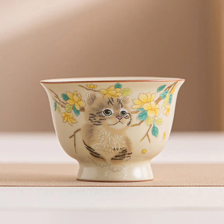 Cute Cat Yellow Flowers Rabbit Teacup Kung Fu Tea Cup  | Zen Ara Grove