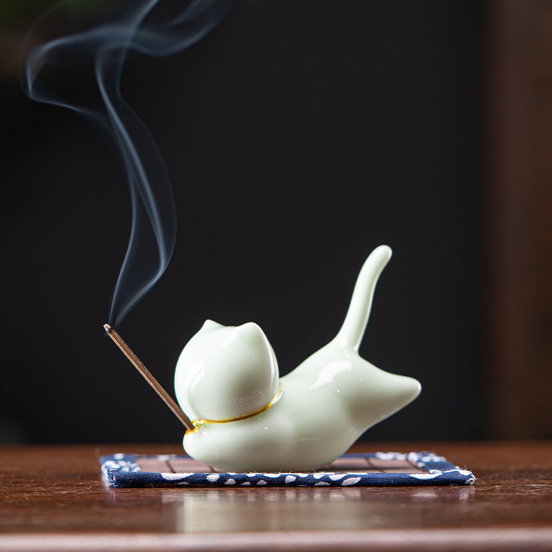 White Ceramic Cat Incense Burner Decor
