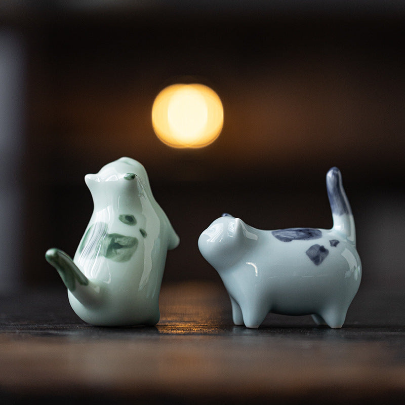 Mini Lucky Cute Spotted Standing Cat Sleeping Kitten Ceramic Figurine Decoration