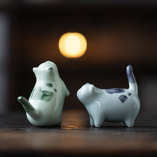 Mini Lucky Cute Spotted Standing Cat Sleeping Kitten Ceramic Figurine Decoration