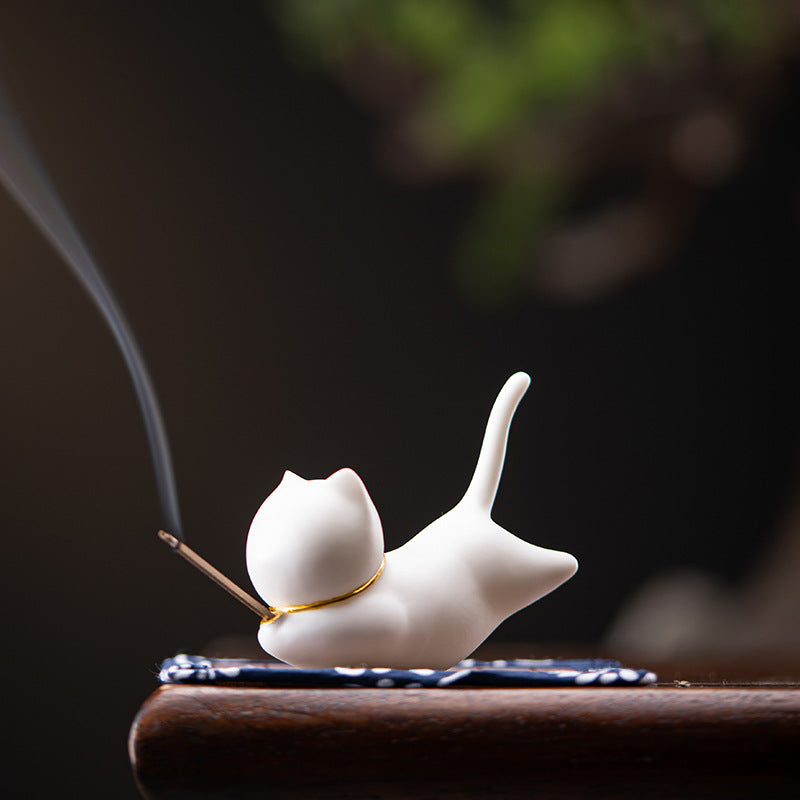 White Ceramic Cat Incense Burner Decor