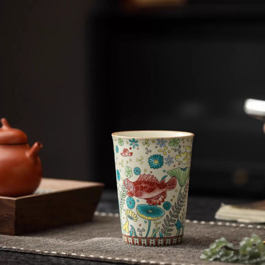 Vintage Fish & Algae Pattern Gongfu Teacup | Zen Ara Grove