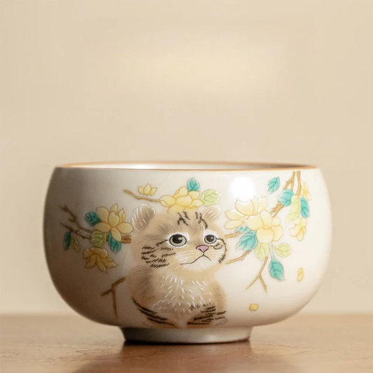 Cute Cat Yellow Flowers Rabbit Teacup Kung Fu Tea Cup  | Zen Ara Grove