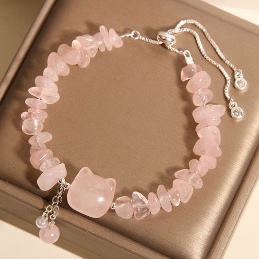 Natural Pink Crystal Agate Gravel Stone Cat Head Soothing Bracelet | Zen Ara Grove