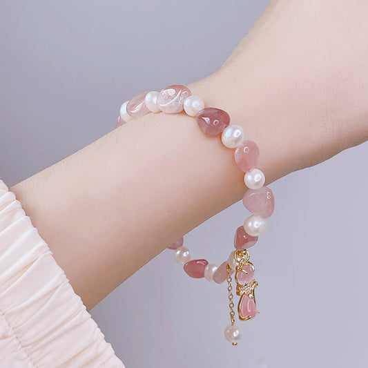 Natural Strawberry Quartz Pearl Cat Positive Bracelet | Zen Ara Grove