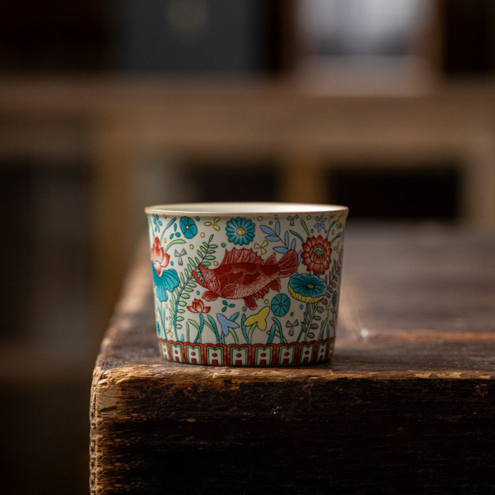 Vintage Fish & Algae Pattern Gongfu Teacup | Zen Ara Grove