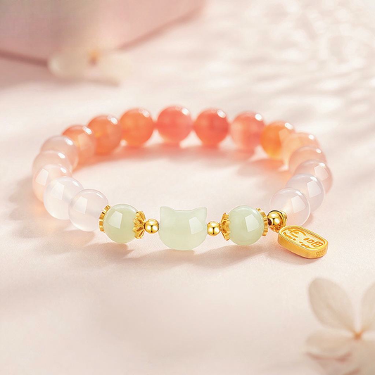925 Sterling Silver Red Agate Hetian Jade Cat Fu Character Confidence Bracelet | Zen Ara Grove