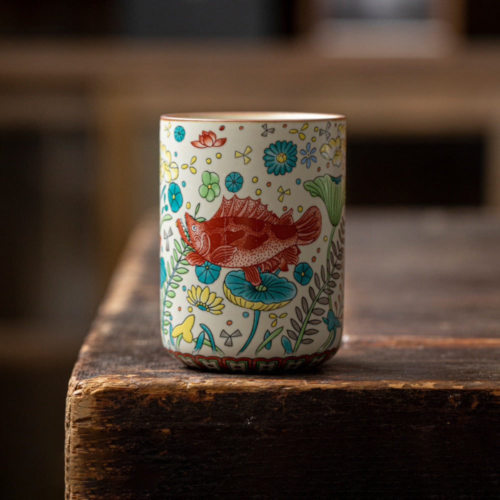 Vintage Fish & Algae Pattern Gongfu Teacup | Zen Ara Grove