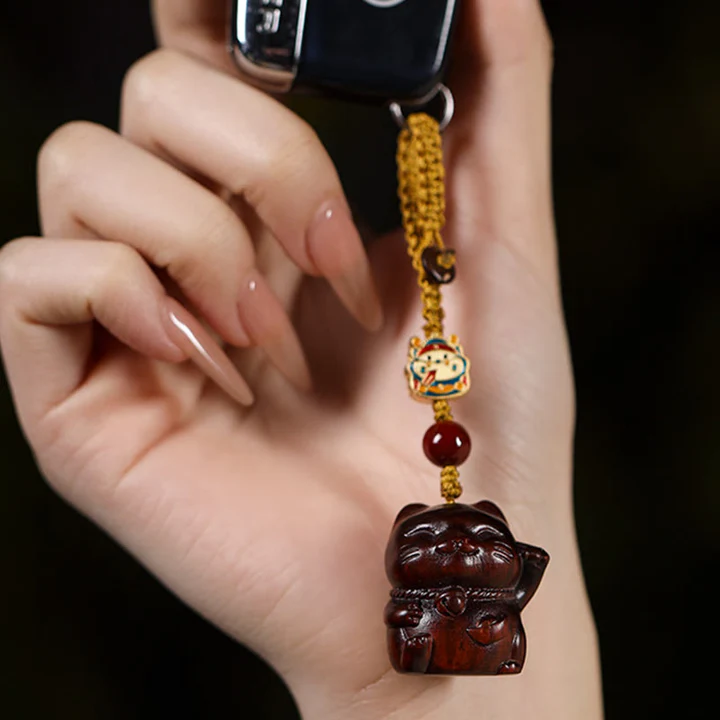Small Leaf Red Sandalwood Green Sandalwood Sandalwood Lucky Cat Protection Key Chain Phone Hanging | Zen Ara Grove